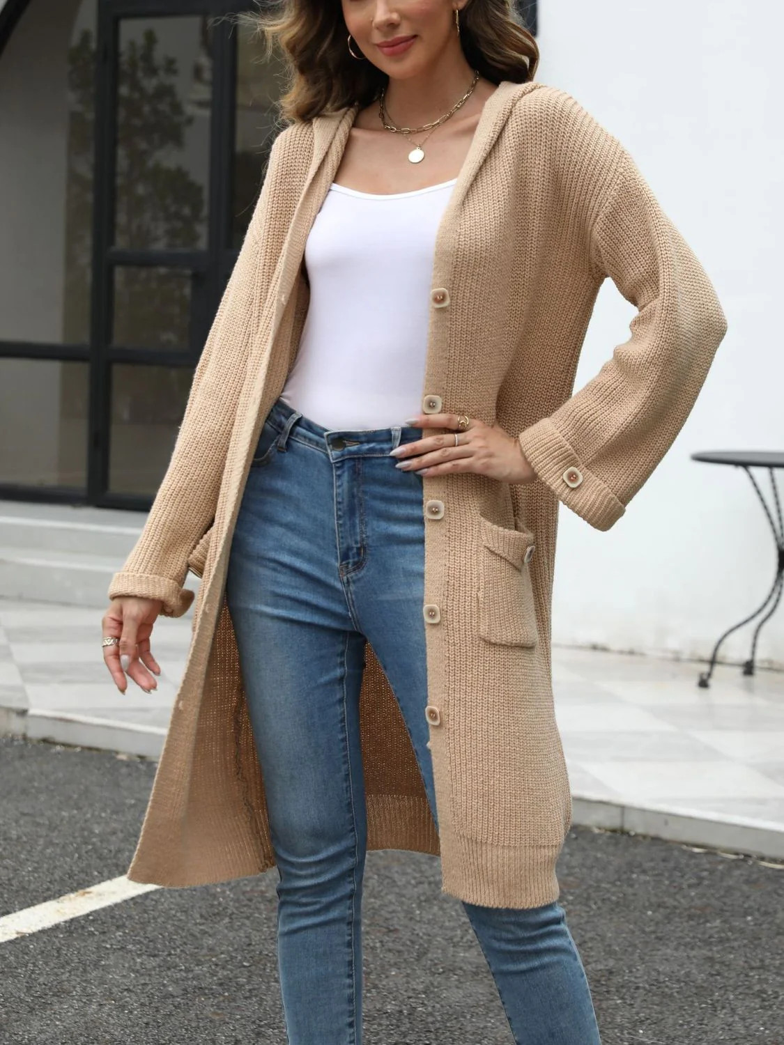 Pocketed Button Up Long Sleeve Hooded Cardigan Tan | Casual Chic Boutique