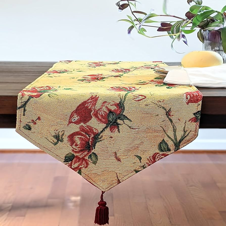 Tache Floral Red Roses Birds Golden Woven Table Runner - Vintage Tapestry Kitchen Dining Dinner L... | Amazon (US)