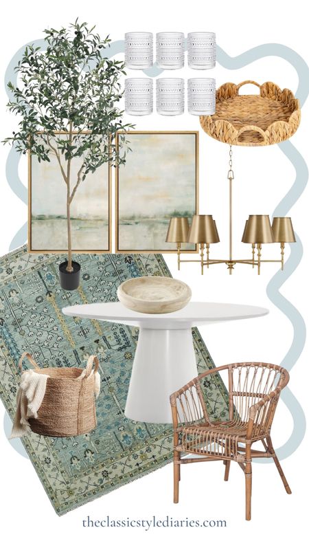 Finds from Amazon Home. Green rug, rattan dining chair, white dining table, brass chandelier, abstract artwork, rattan scalloped basket, faux olive tree and more 

#LTKfindsunder100 #LTKhome #LTKstyletip