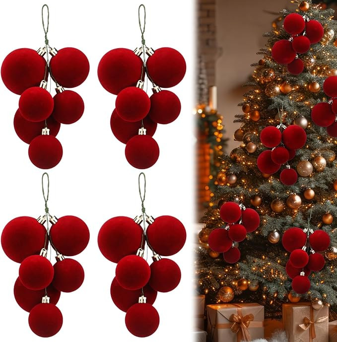 Roowest 4 Sets Large 24 Pcs Christmas Ball Ornaments for Tree Red Velet Balls Cluster Pre Strung ... | Amazon (US)