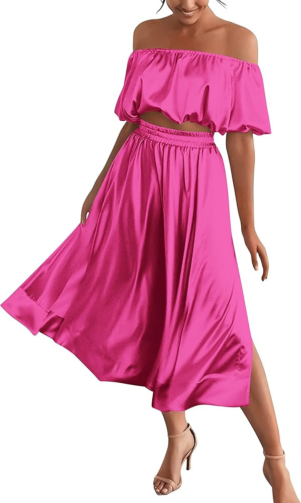 MASCOMODA 2 Piece Outfits For Women Sexy 2023 Summer Satin Puff Sleeve Crop Top And Side Split Ma... | Amazon (US)