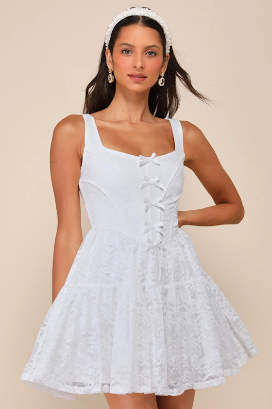 Truly Flawless White Lace Sleeveless Bow Bustier Mini Dress | Lulus