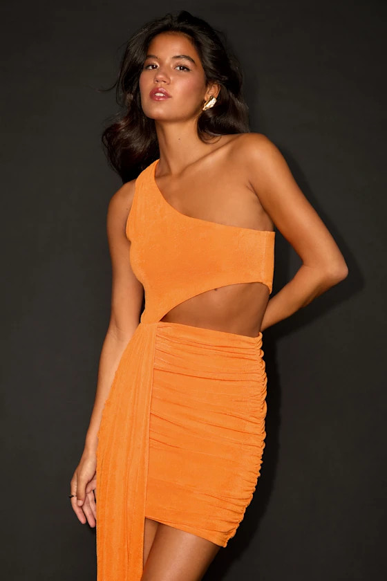 Neila Orange One-Shoulder Cutout Sash Mini Dress | Lulus