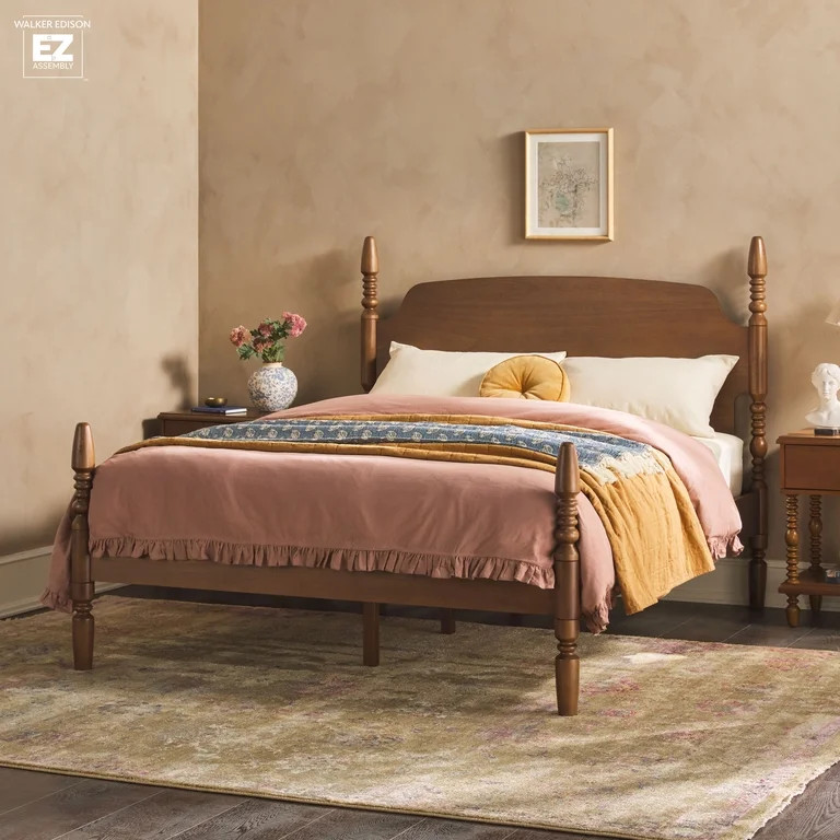Traditional Walker Edison Easy Assembly Solid Wood Vivienne Queen Bed - Dark Brown | Walmart (US)
