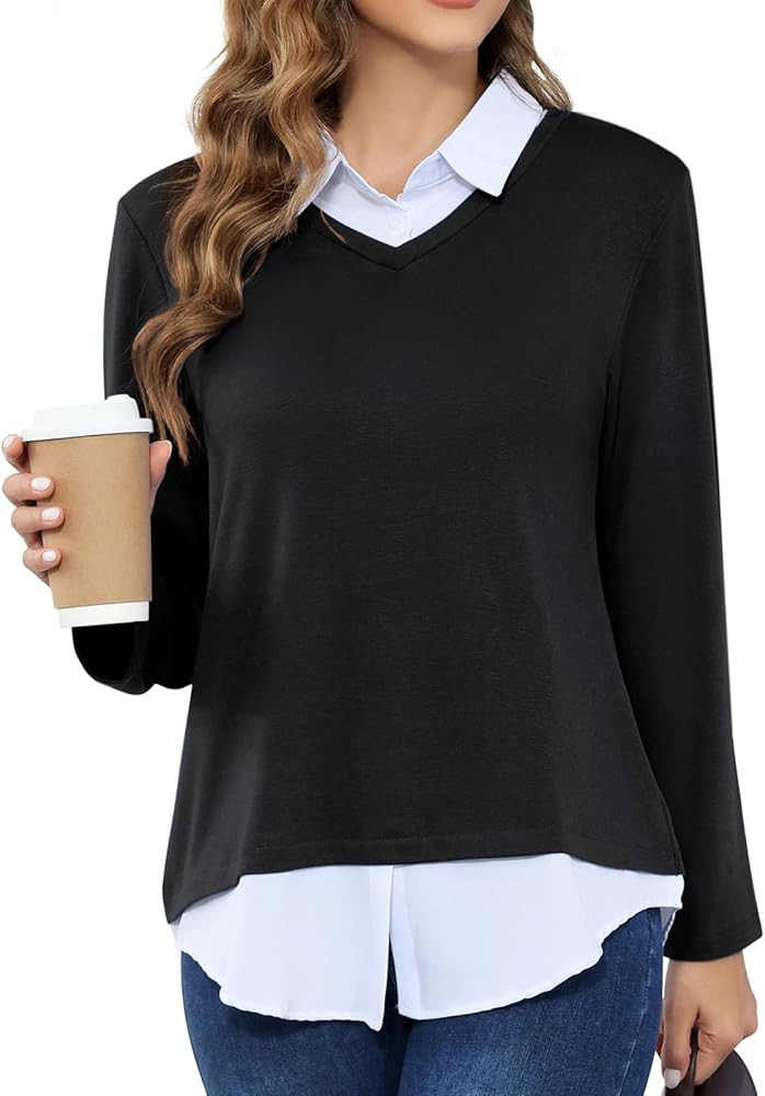 MISS FORTUNE Women's V-Neck Collar 2 in 1 Office Tunic Sweater | Amazon (US)