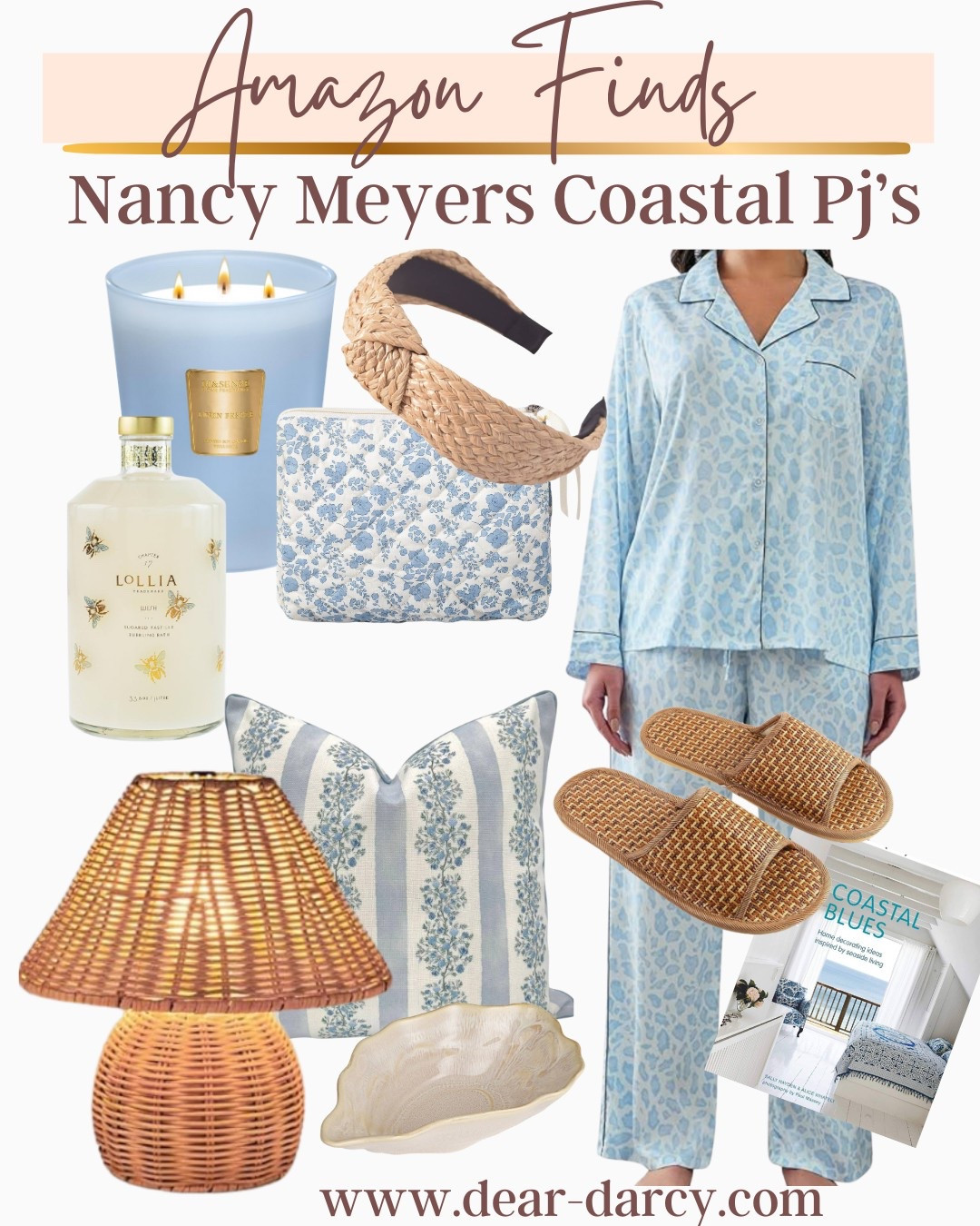 Amazon Finds
Nancy Meyers Coastal Pj’s inspo

Great satin comfy pjs

Lolia wish bubble bath (my fav)
Linen scented candle 

Ratten headband- slipper s

Wicker lamp $28 sale 

Coastal book

Sea shell bowl (perfect for jewelry, bath products) 

Toile toiletries bag

Pillow in the cutest print




#LTKSaleAlert #LTKFindsUnder50 #LTKSummerEdit