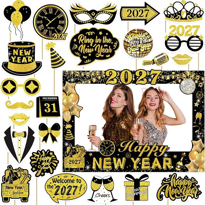 2027 Happy New Years Photo Booth Props, Black Gold New Years Eve Photo Prop Frame & 24Pcs New Yea... | Amazon (US)