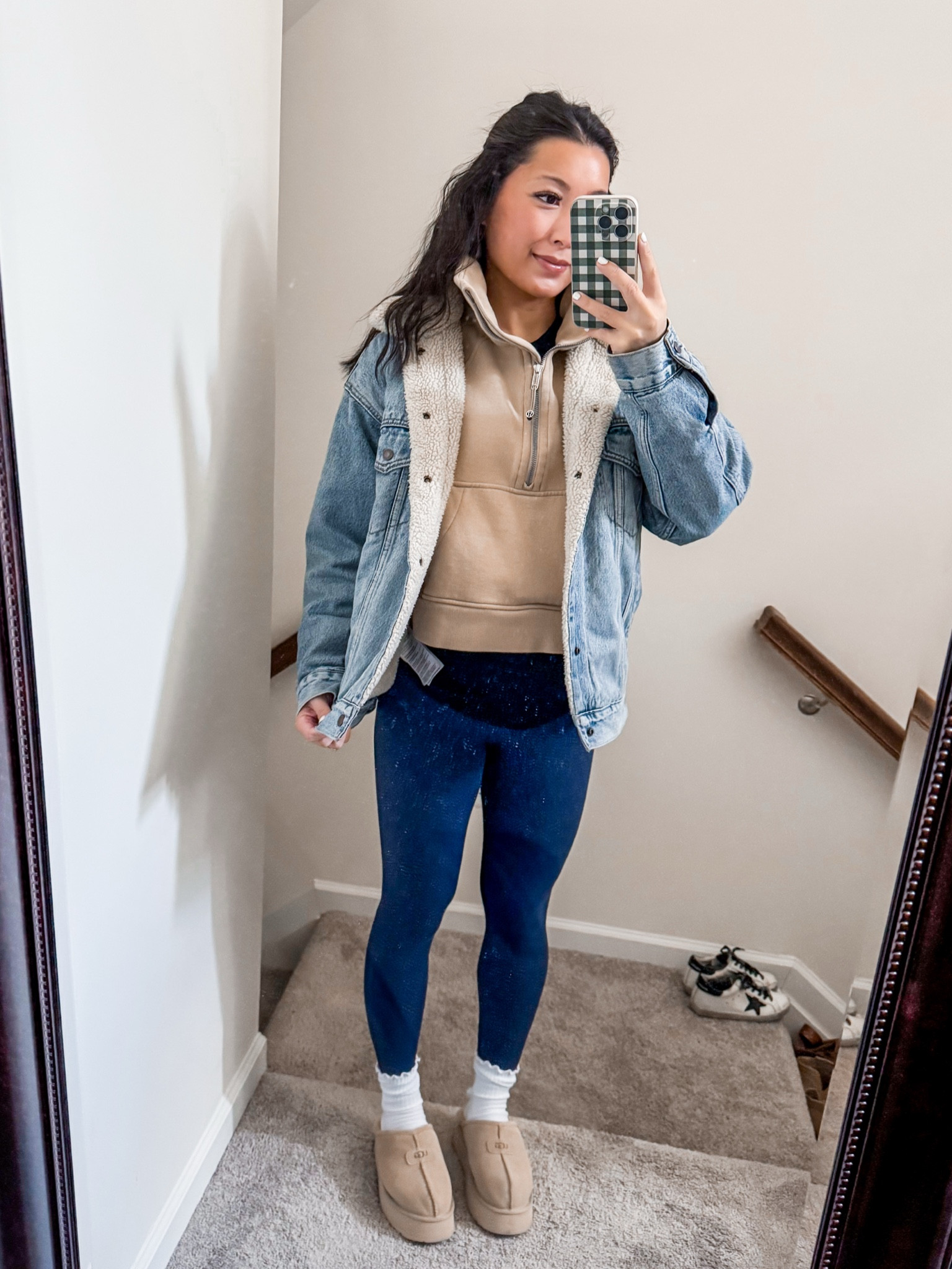 Levi’s trucker denim jacket- size XS- runs oversized

Lululemon half zip funnel neck sweatshirt- XS/s

Abercrombie flex studio 7/8 leggings- XS short but also like the regular length

Uggs- size 5, sized down half

Maternity bump friendly pregnancy pregnant trimester newborn family mom baby bump bump style
Motherhood 

#LTKBump #LTKPetite #LTKSeasonal