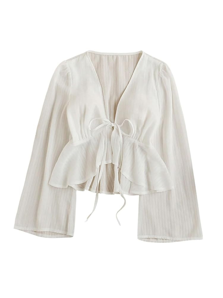 Floerns Women's Sheer Tie Front Flowy Sleeve Blouse Asymmetrical Ruffle Hem Flared Blouse | Amazon (US)