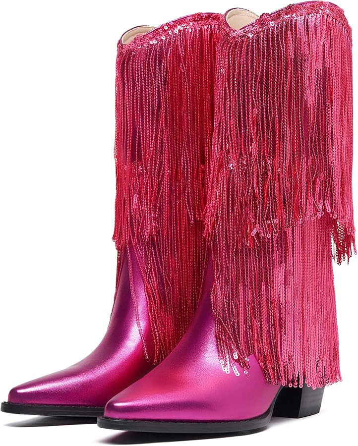 Women's Rhinestone Embellished Mid-Calf Boots, Size 5-15, Silver, Pink, Fuchsia, Black | Amazon (US)
