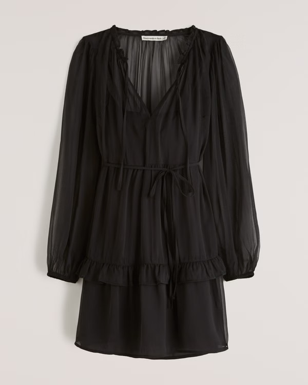 Women's Tie-Front Long-Sleeve Trapeze Mini Dress | Women's New Arrivals | Abercrombie.com | Abercrombie & Fitch (US)