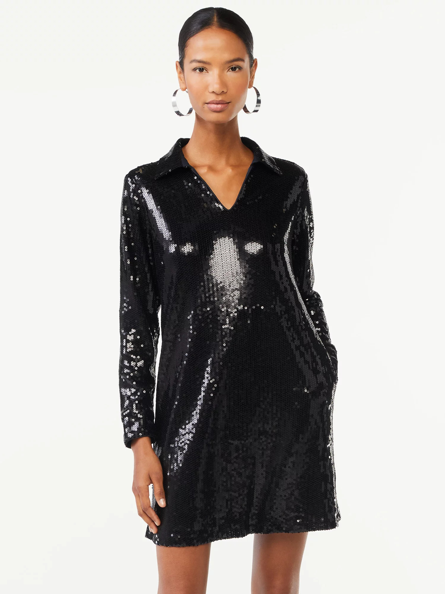 Scoop Women's Relaxed Sequin Shirt Dress with Long Sleeves | Walmart (US)