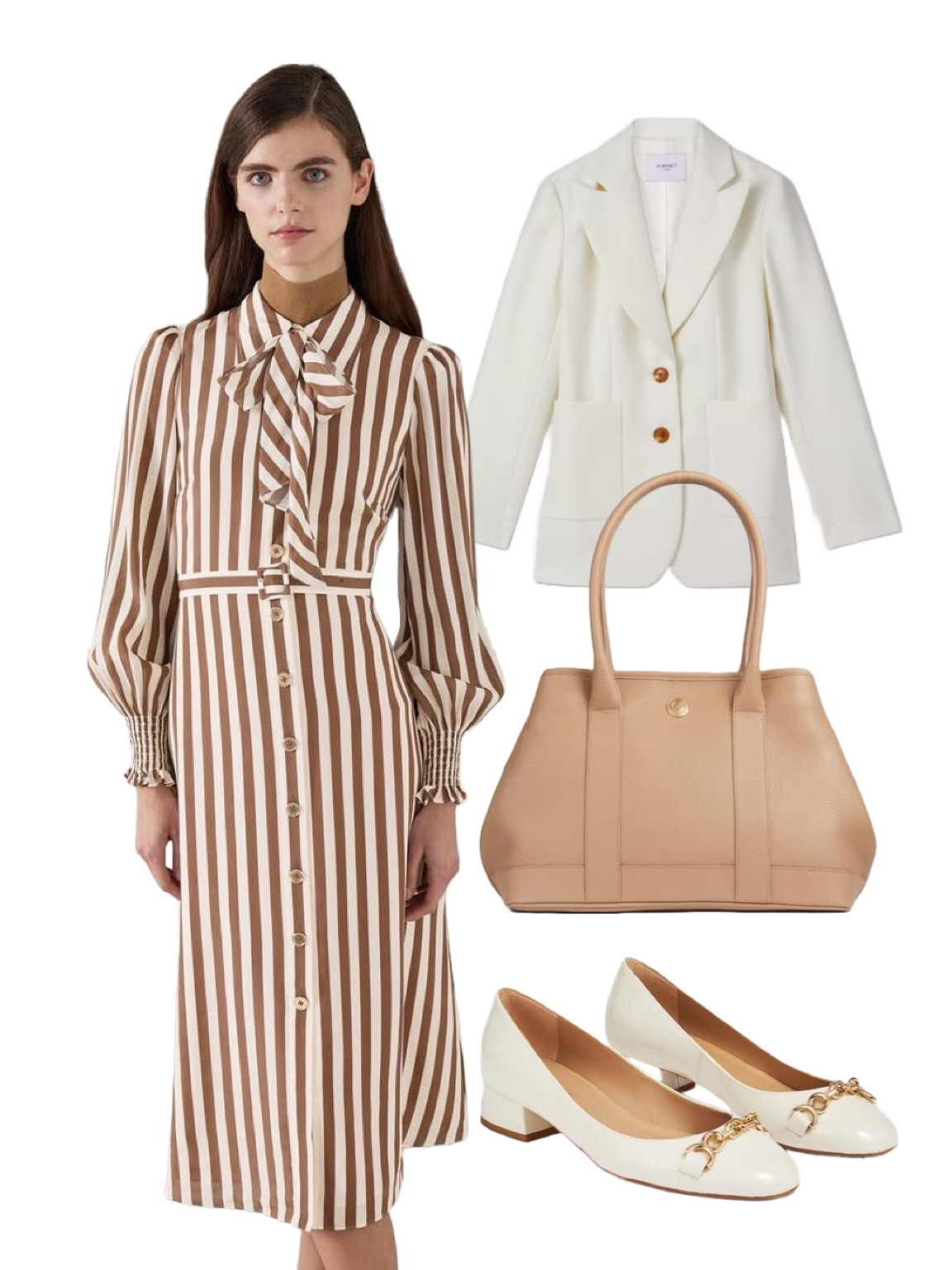 Top picks from the LK Bennett London sale! Partner the Emelia Chocolate & Birch Stripe Shirtdress with the Avery Cream Italian Cotton Jacket / Blazer with gold buttons, the Blakely Ecru Shoes with gold detailing and the stunning Laurie Tan Bag! This look will take you from winter to spring and business meetings to date nights. A seriously chic look for understated elegance 👜

#LTKuk #LTKsale #LTKeurope