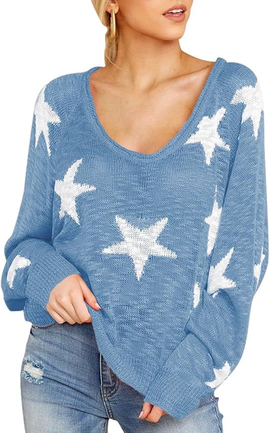 HUUSA Women's Sexy Off Shoulder Star Oversized Sweater Casual Loose Scoop Neck Long Sleeve Pullov... | Amazon (US)