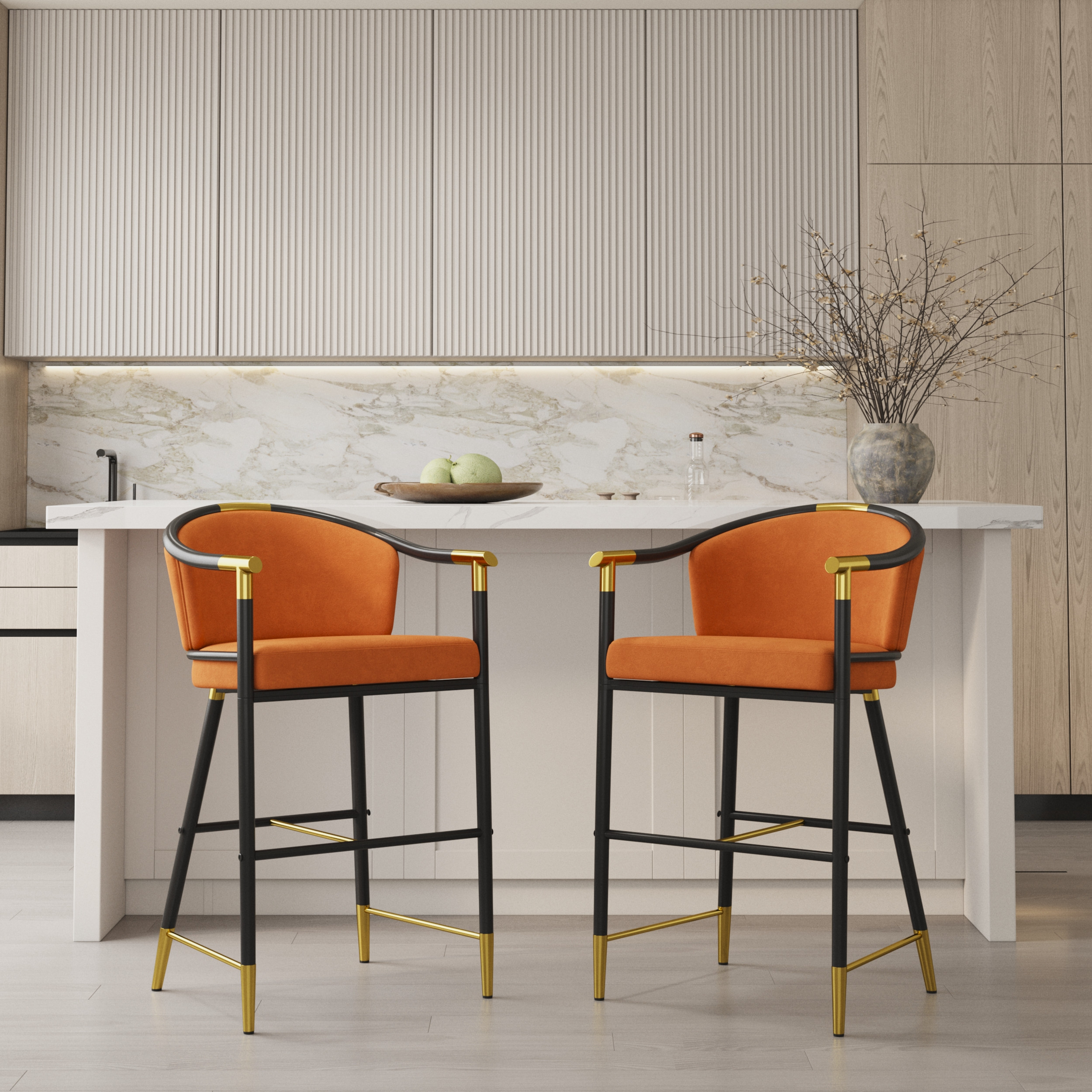 Modern Counter Stools with Velvet Upholstery Orange Bar Stools | Homary