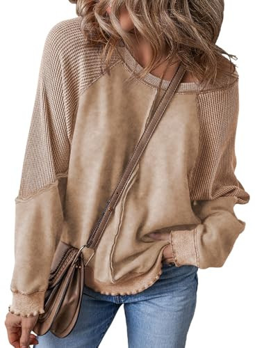 SHEWIN Oversized Sweatshirt for Women Crew Neck Sweatshirts Womens Fall Fashion Long Sleeve Tops Casual Off The Shoulder Sweatshirt for Women Khaki XX-Large | Amazon (US)