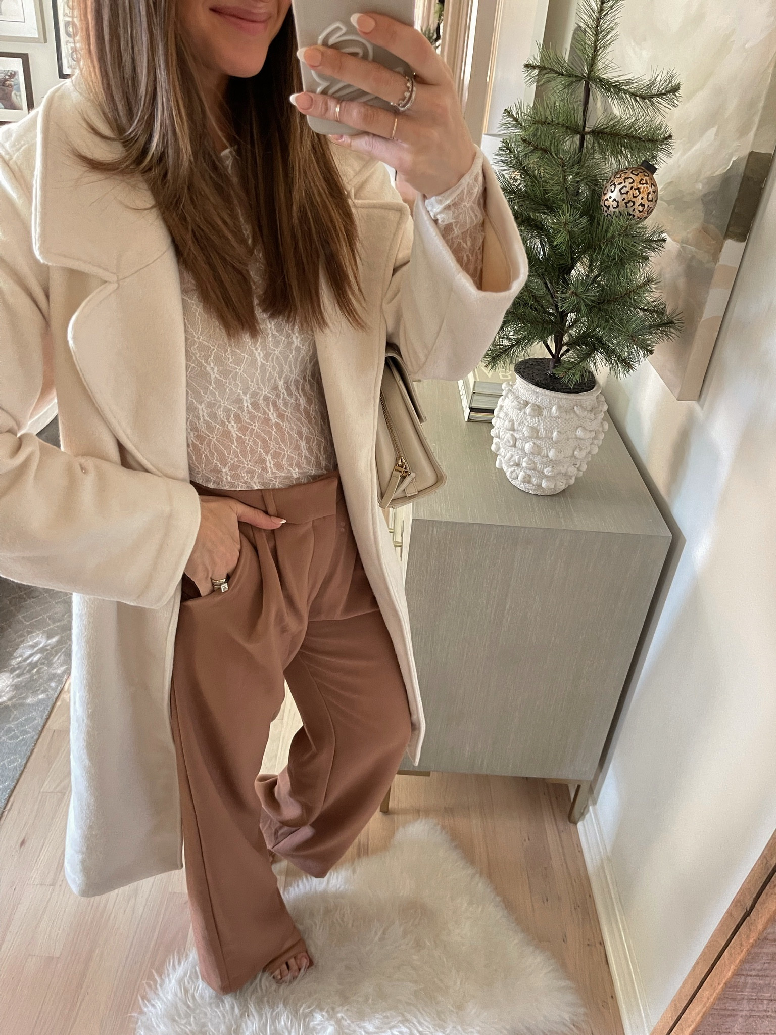 How to dress up these trousers for a chic date night fit. Wearing my true size in trousers, S in top & S in coat. Coat comes in several colors! Heels fit TTS // Abercrombie, winter outfit, winter style, winter trends, winter fashion, neutral outfit