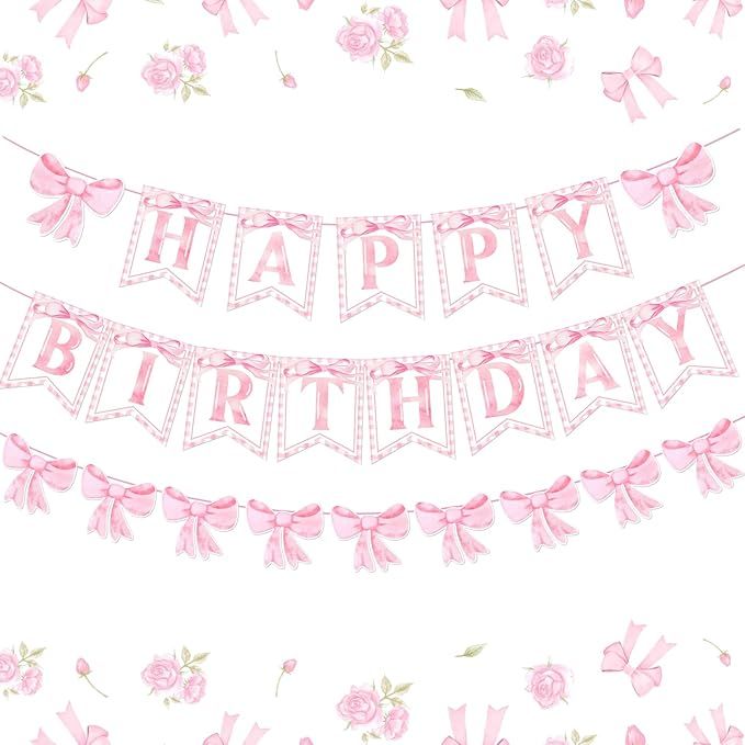 24Pcs Pink Bow Princess Birthday Banner Coquette Bow Banner Garland Bow Happy Birthday Decoration... | Amazon (US)