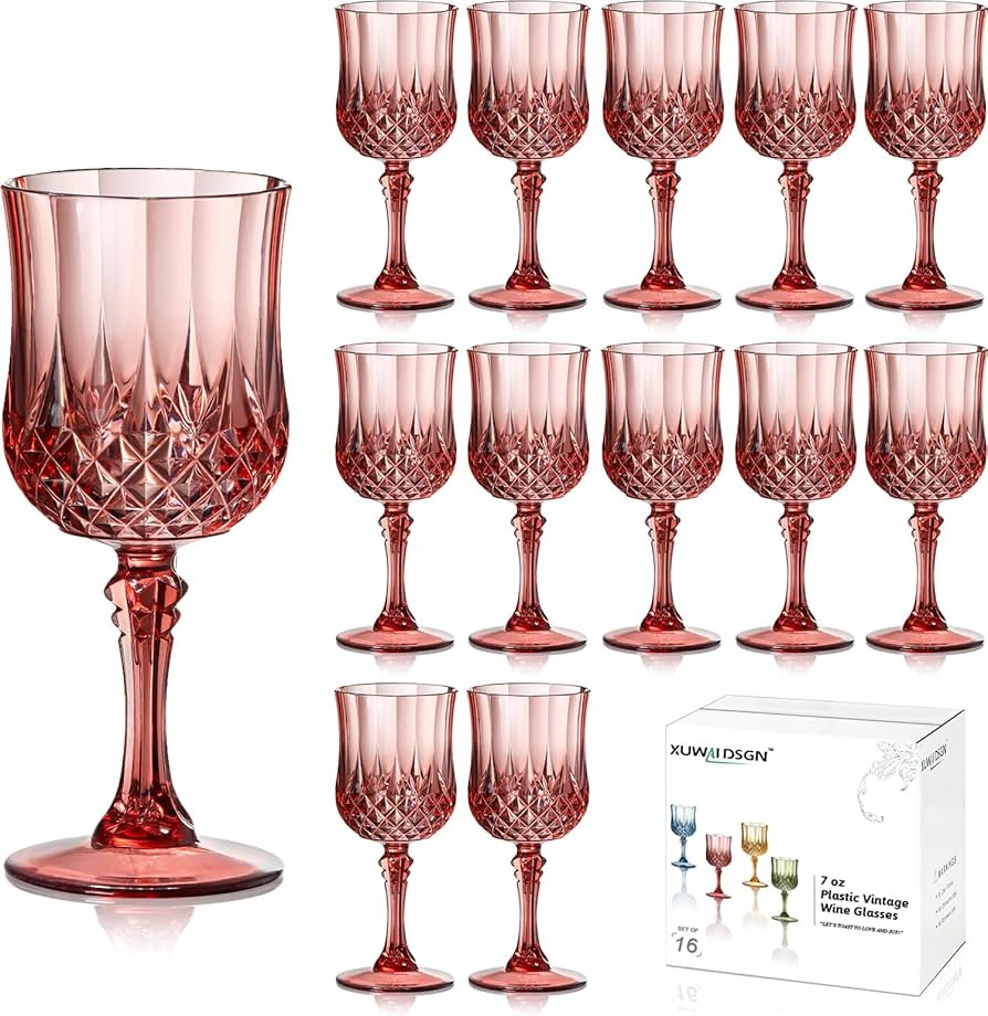 XUWAIDSGN 7oz Plastic Vintage Rose Gold Drinking Glasses Pink Wine Glasses Unbreakable Wedding Gl... | Amazon (US)