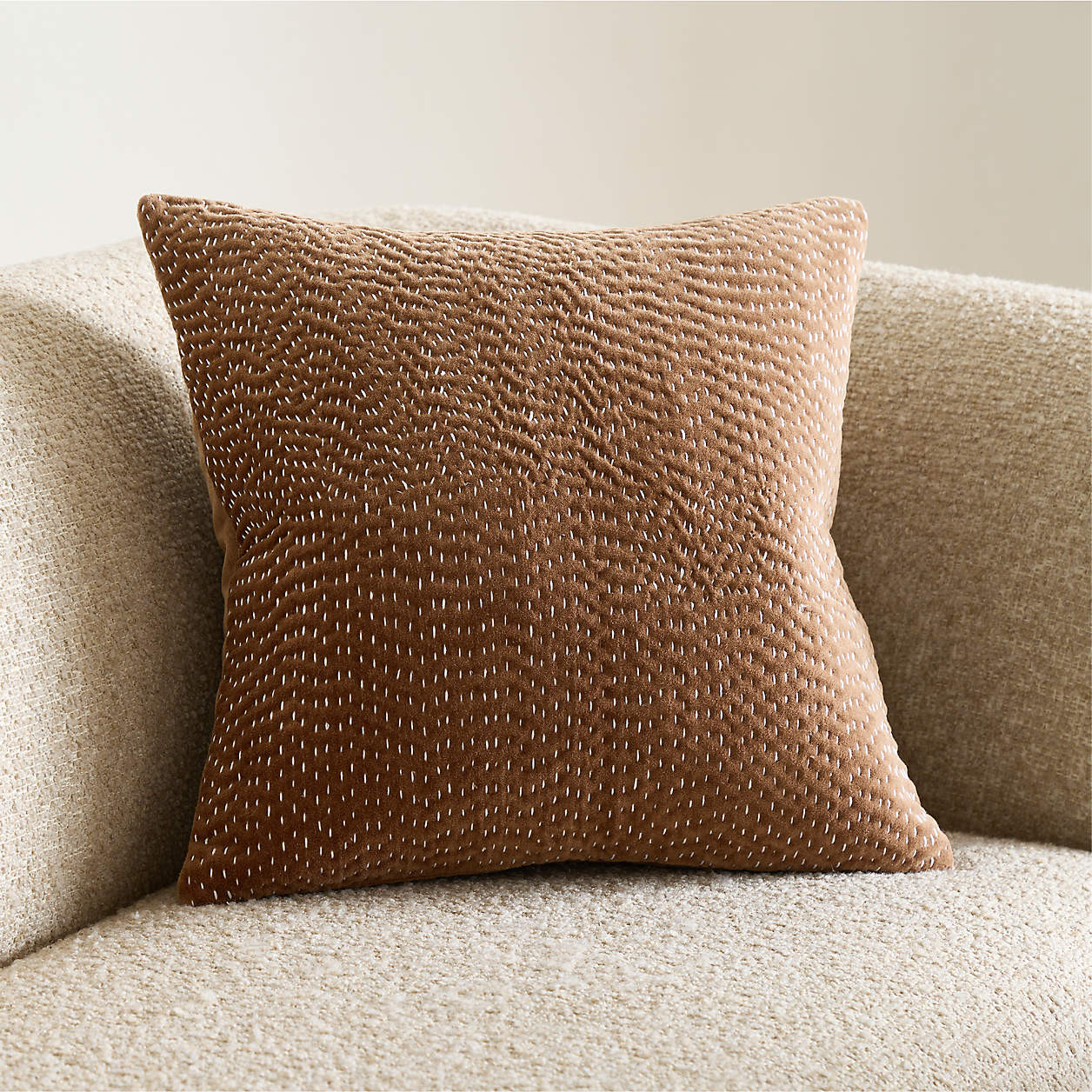 Sashiko Organic Cotton Velvet 20"x20" Chocolate Brown Throw Pillow Cover + Reviews | Crate & Barr... | Crate & Barrel