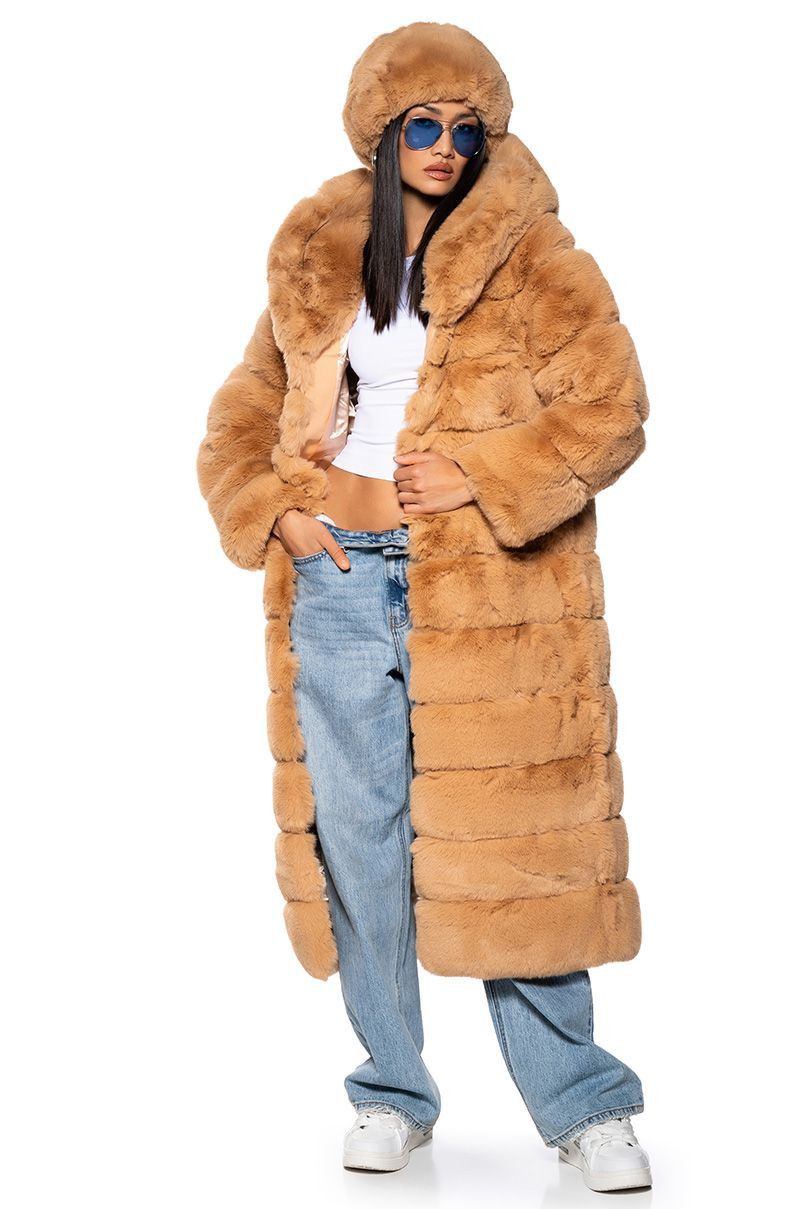 AZALEA WANG FAUX FUR PANEL HOODED TRENCH IN CAMEL | AKIRA