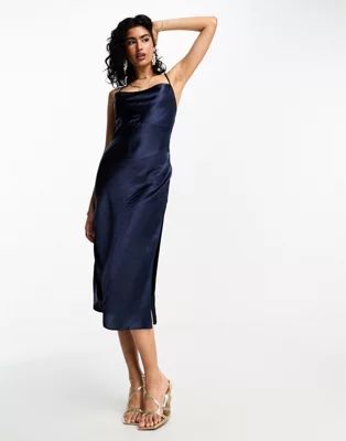 ASOS DESIGN cami midi slip dress in high shine satin with lace up back | ASOS (Global)