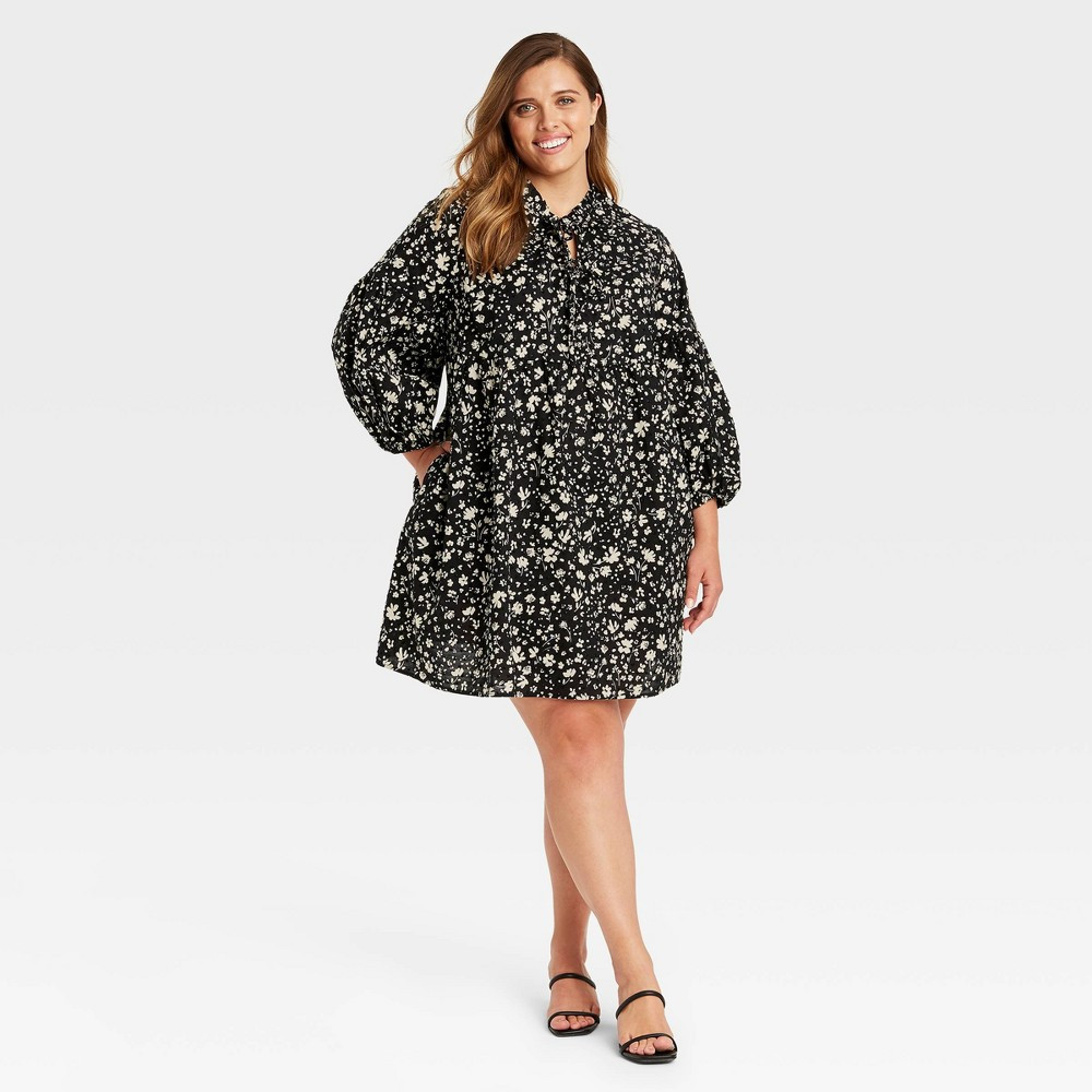 Women's Plus Size Puff Long Sleeve A-Line Dress - Who What Wear Jet Black Floral 2X | Target