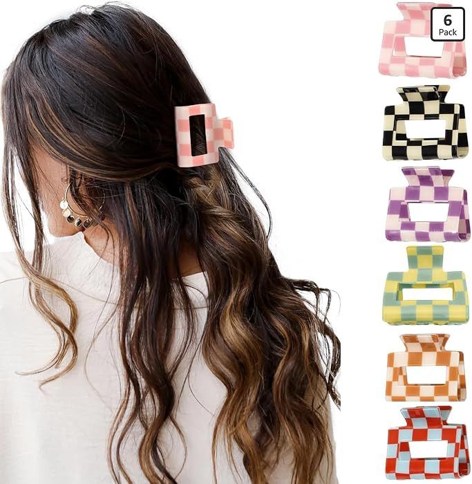 papasgix 6 PCS Checkered Hair Claw Clips, 1.97" Multicolored Square Hair Clips for Thin Hair, Sma... | Amazon (US)
