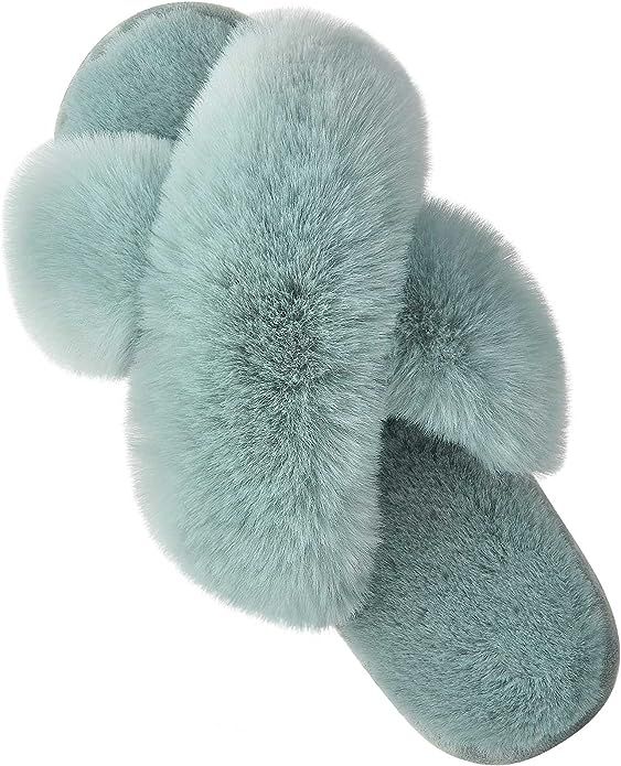 Women's Cross Band Slippers Fuzzy Soft House Slippers Plush Furry Warm Cozy Open Toe Fluffy Home ... | Amazon (US)