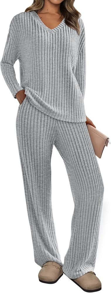 PRETTYGARDEN Women's 2 Piece Lounge Sets Ribbed Knit Long Sleeve V Neck Pullover Tops Wide Leg Pa... | Amazon (US)