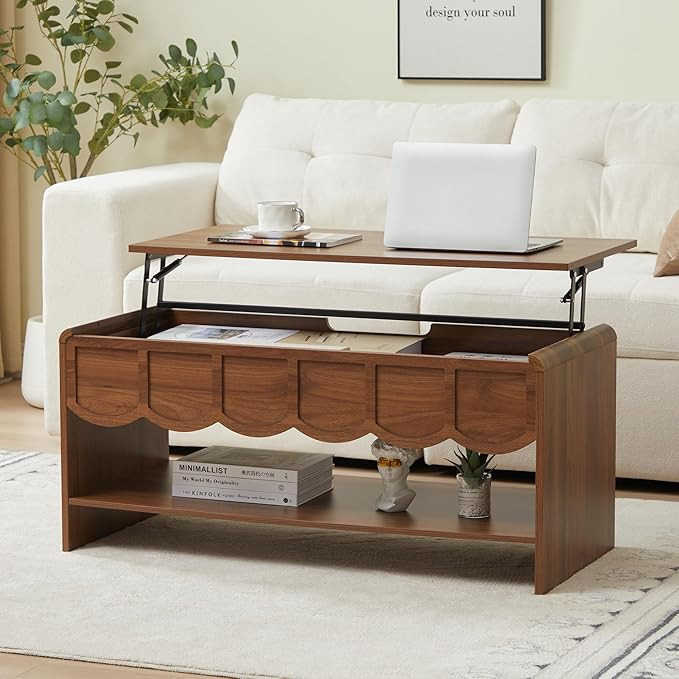 Lift Top Coffee Table with Hidden Compartment, 2 Tier Wooden Center Table with Wave Panel, Modern... | Amazon (US)