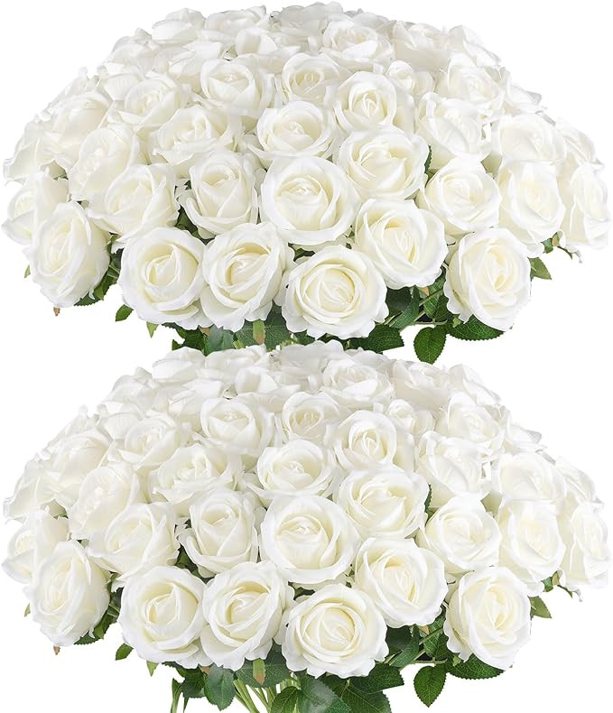 Hananona 50 Pcs Artificial Roses in Bulk, Fake Velvet Silk White Roses Realistic White Roses for ... | Amazon (US)