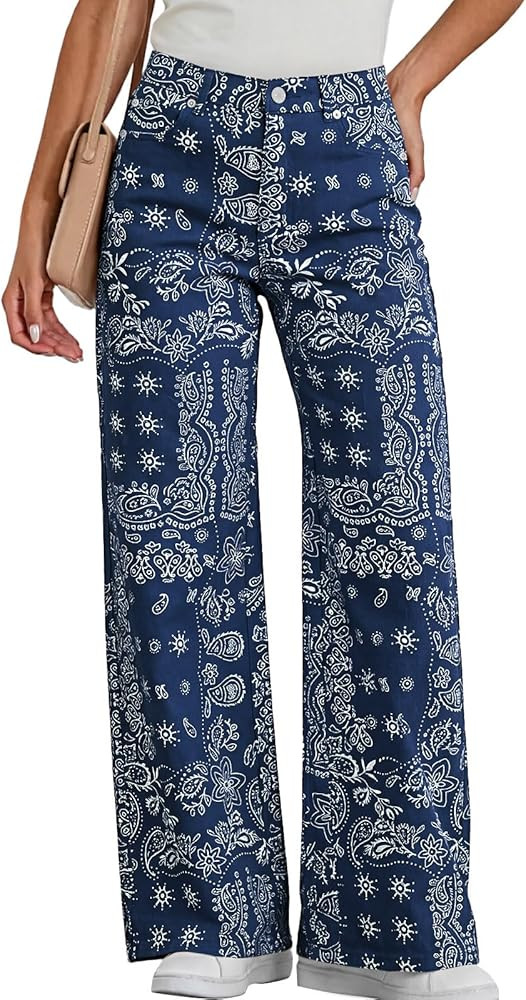 Tankaneo Womens Baggy Wide Leg Jeans Floral Print Boho High Waist Vintage Boyfriend Denim Pants w... | Amazon (US)