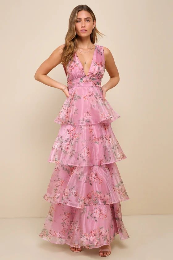 Pink Floral Print Organza Tiered Maxi Dress | Wedding Guest Outfits | Lulus