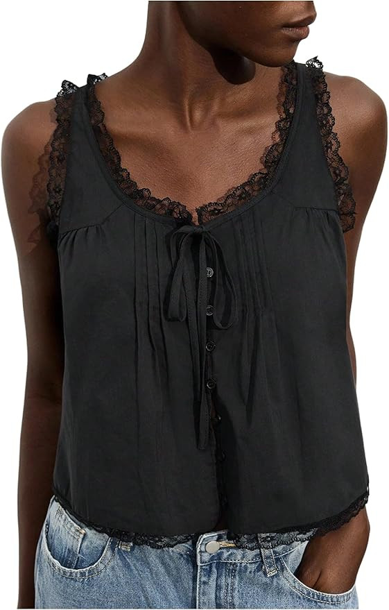 MakeMeChic Women's Lace Tank Top Button Down Tie Front Scoop Neck Sleeveless Crop Tops | Amazon (US)