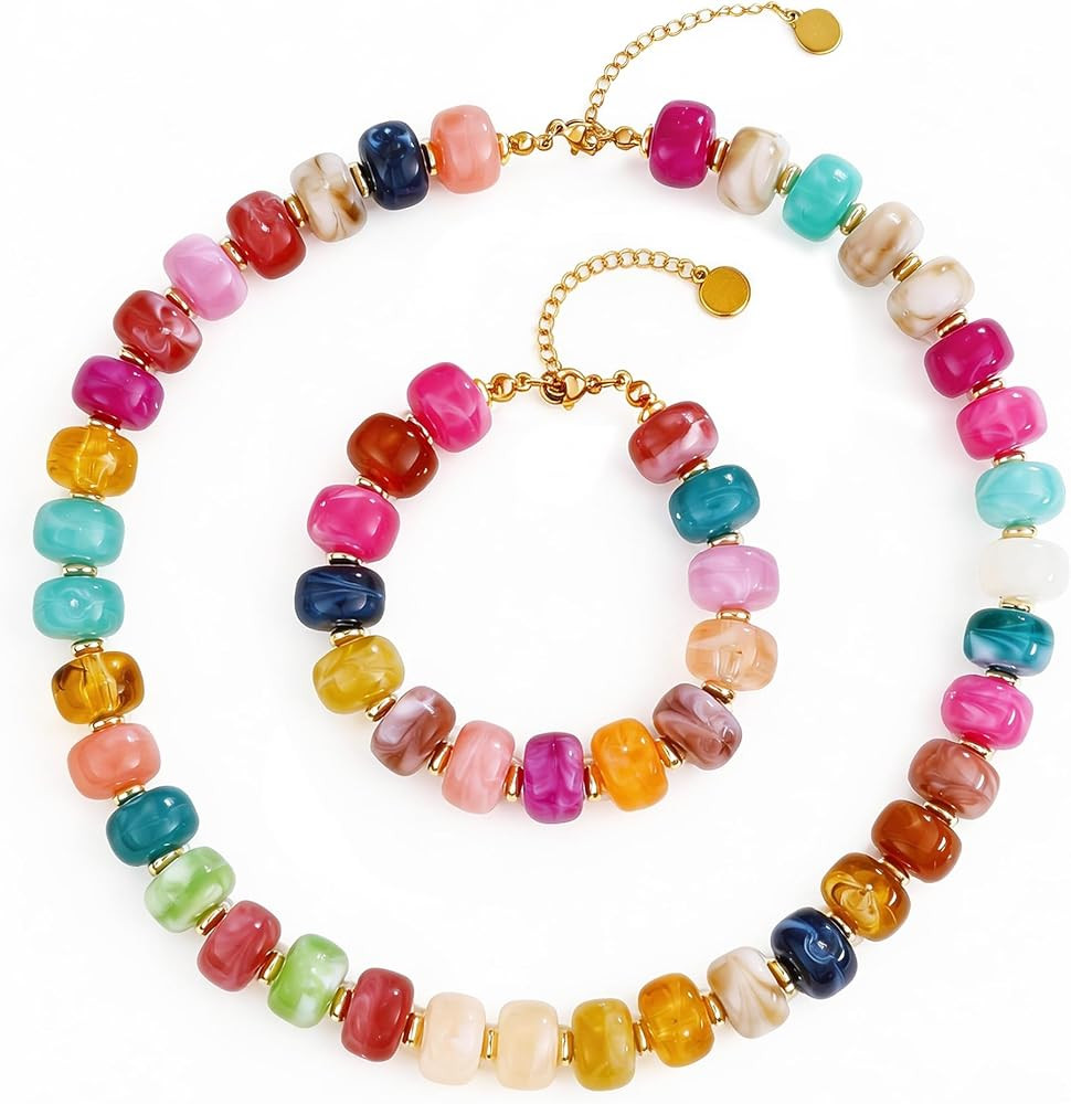 Chunky Beaded Necklace Bracelet Set Trendy Boho Large Square Acrylic Beads Statement Jewelry Chun... | Amazon (US)