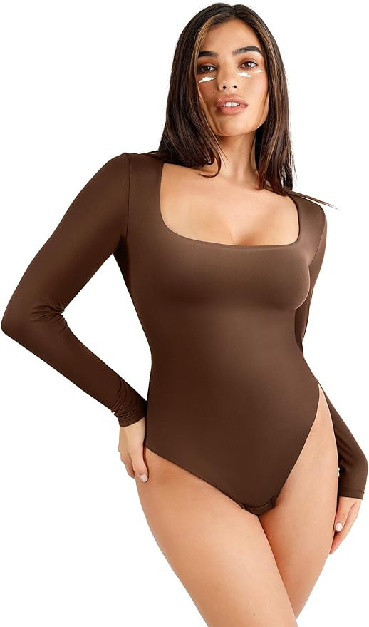 Popilush Bodysuit Tops for Women Square Neck Short/Long Sleeve Double Lined Thong Bodysuit Body-H... | Amazon (US)