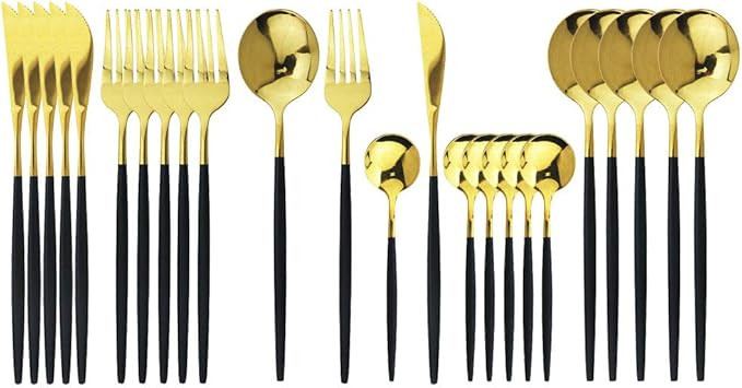 JASHII Flatware Serving Set 24 Piece, Stainless Steel Silverware Set, Titanium Black Gold Cutlery... | Amazon (US)