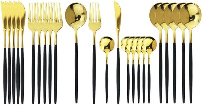 JASHII Flatware Serving Set 24 Piece, Stainless Steel Silverware Set, Titanium Black Gold Cutlery... | Amazon (US)