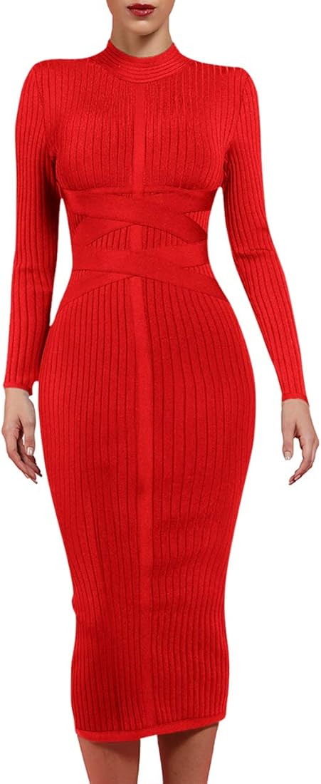 whoinshop Women's Cross Strap Ribbed Bandage Long Sleeve Midi Fall Winter Bodycon Party Dress | Amazon (US)