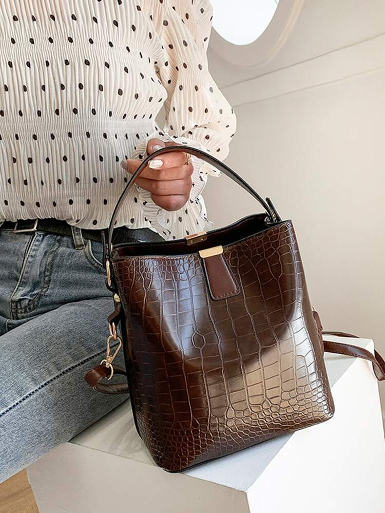 Studded Decor Crocodile Embossed Bucket Bag | SHEIN