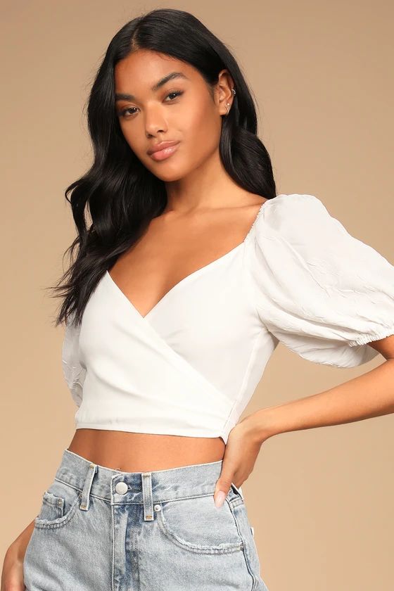 Sweet for You Ivory Puff Sleeve Wrap Crop Top | Lulus (US)