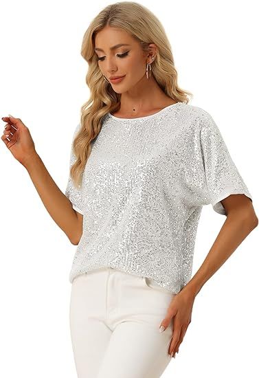 Allegra K Sequin Shirt for Women's Sparkly Dolman Sleeve Disco Party Bling Glitter Blouse | Amazon (US)
