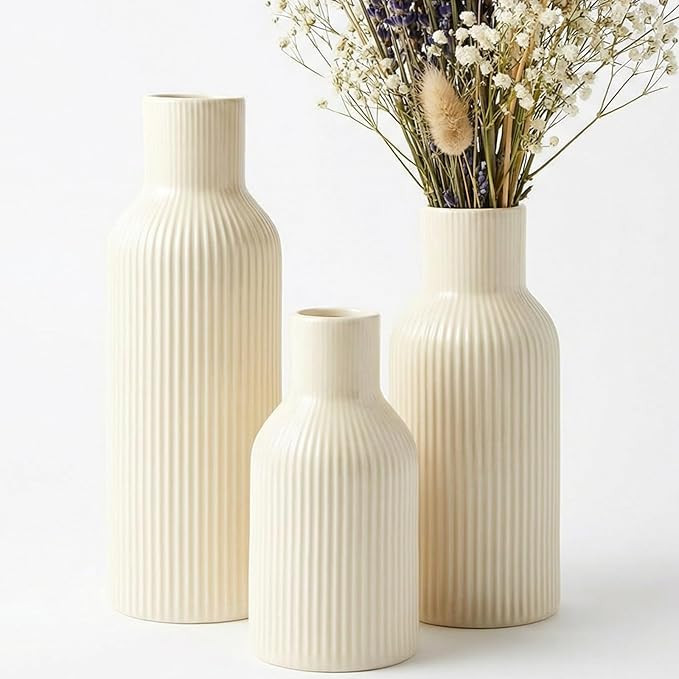 Beige Ceramic Flower Vases Set of 3, Modern Smooth Ribbed Texture, Nordic Minimalist Decor for Pa... | Amazon (US)