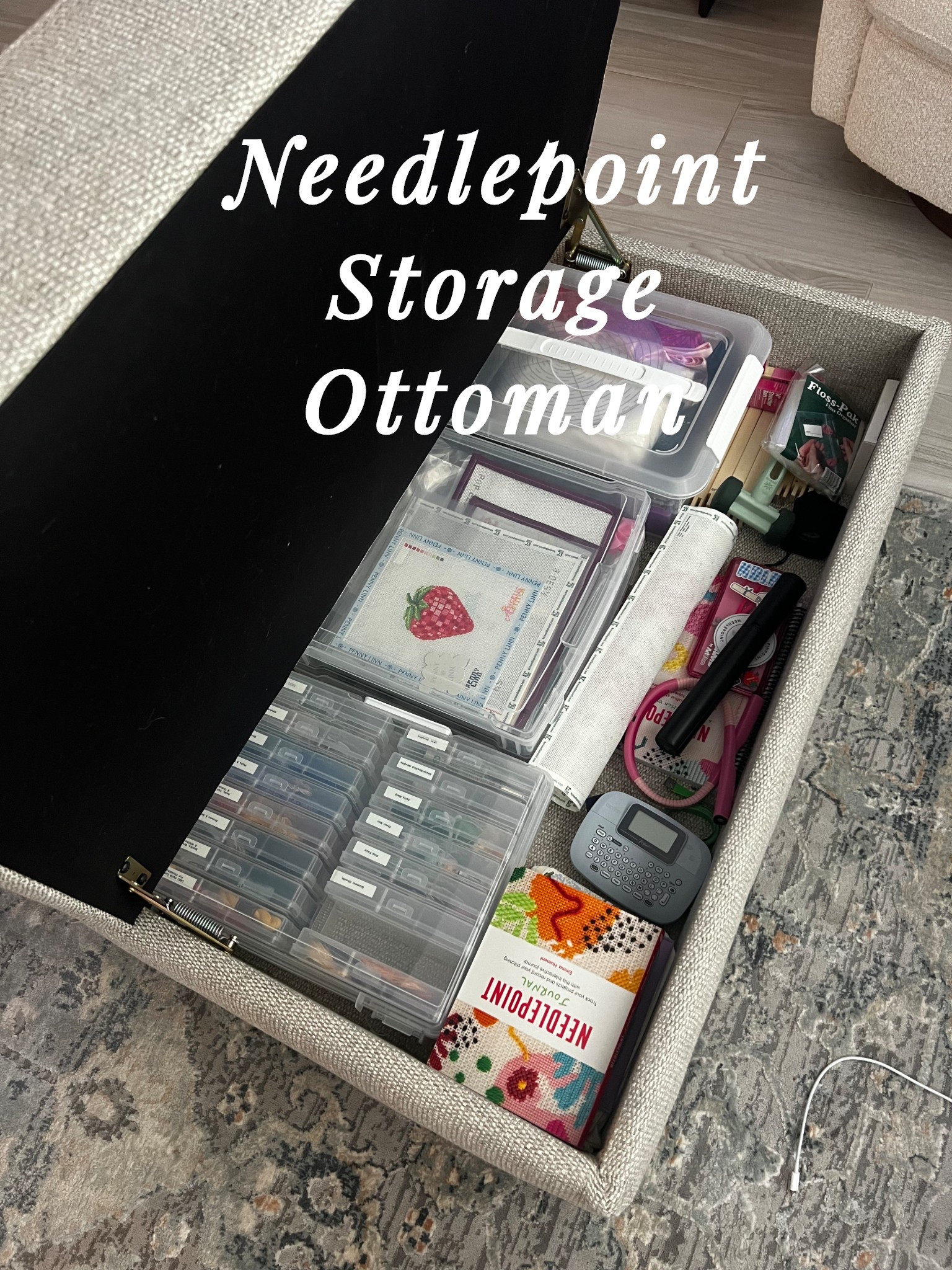 My needlepoint, or just a living room, storage ottoman that I’m obsessed with! Before I stored my needlepoint in there, I would put any items I didn’t want out and about in my living room. Here is the exact one I have plus other runners up we considered  

#LTKHome