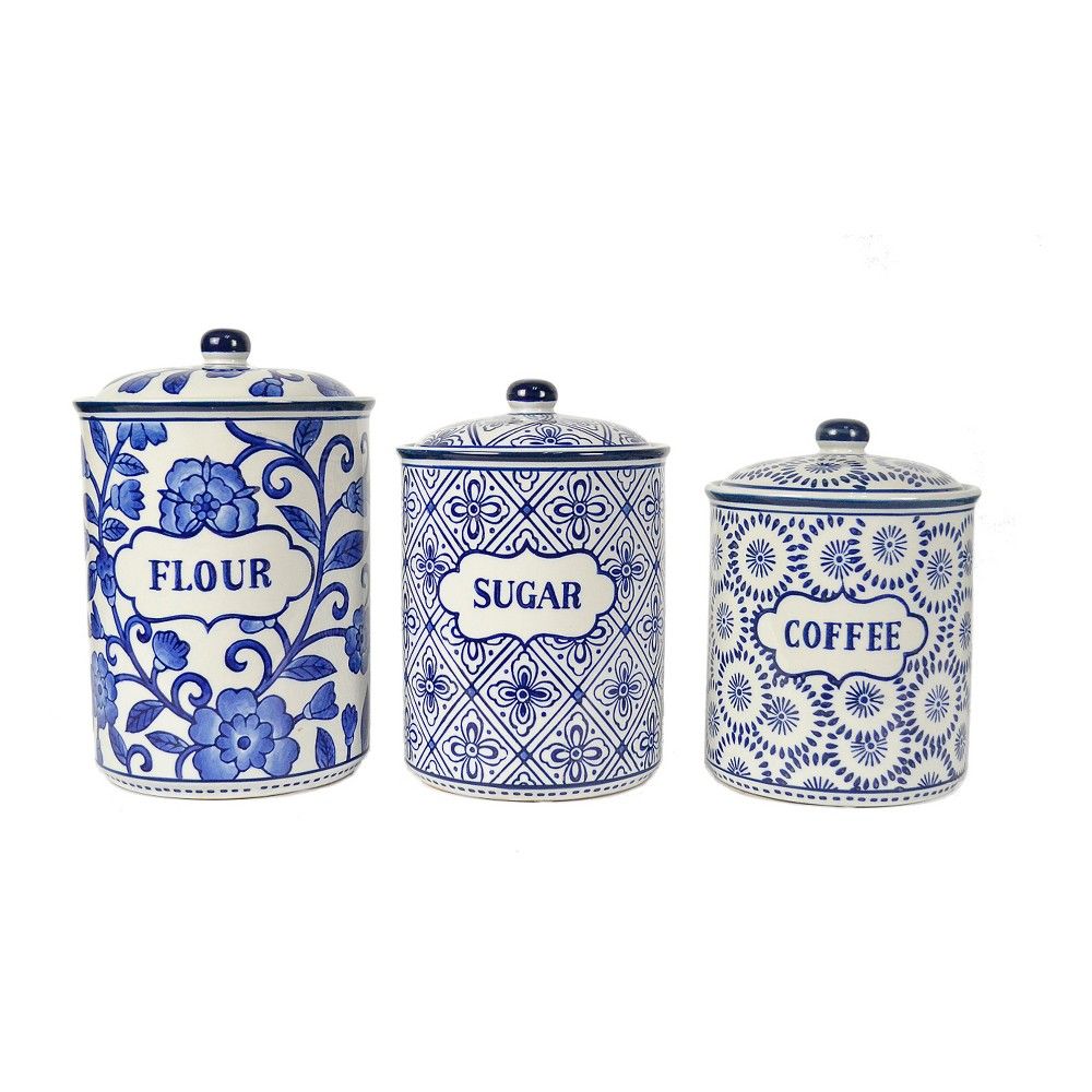 Ceramic Food Canister Set of 3 1.5qt/2qt/3qt White/Blue - Drew DeRose | Target