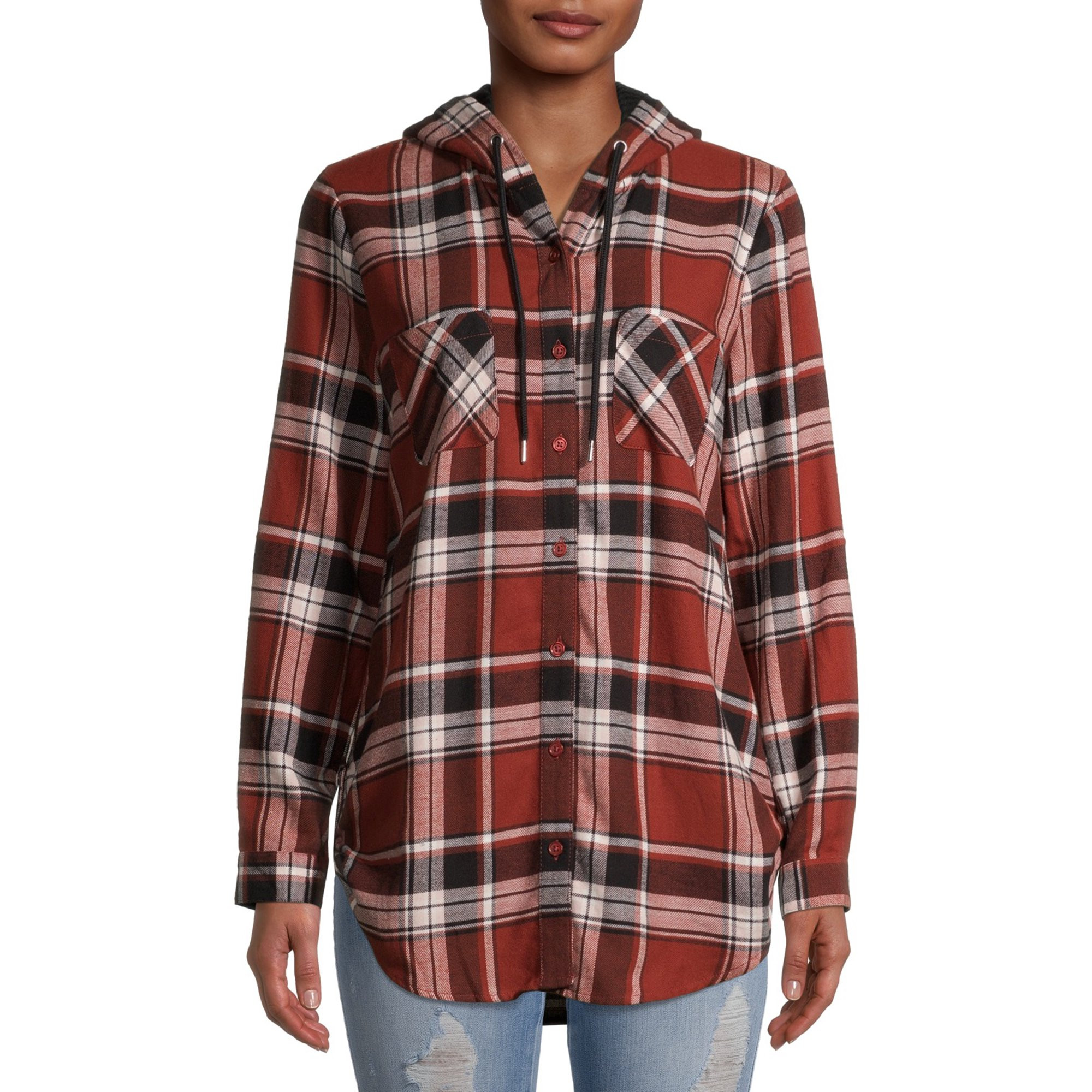 No Boundaries Juniors' Hooded Plaid Flannel Shirt | Walmart (US)