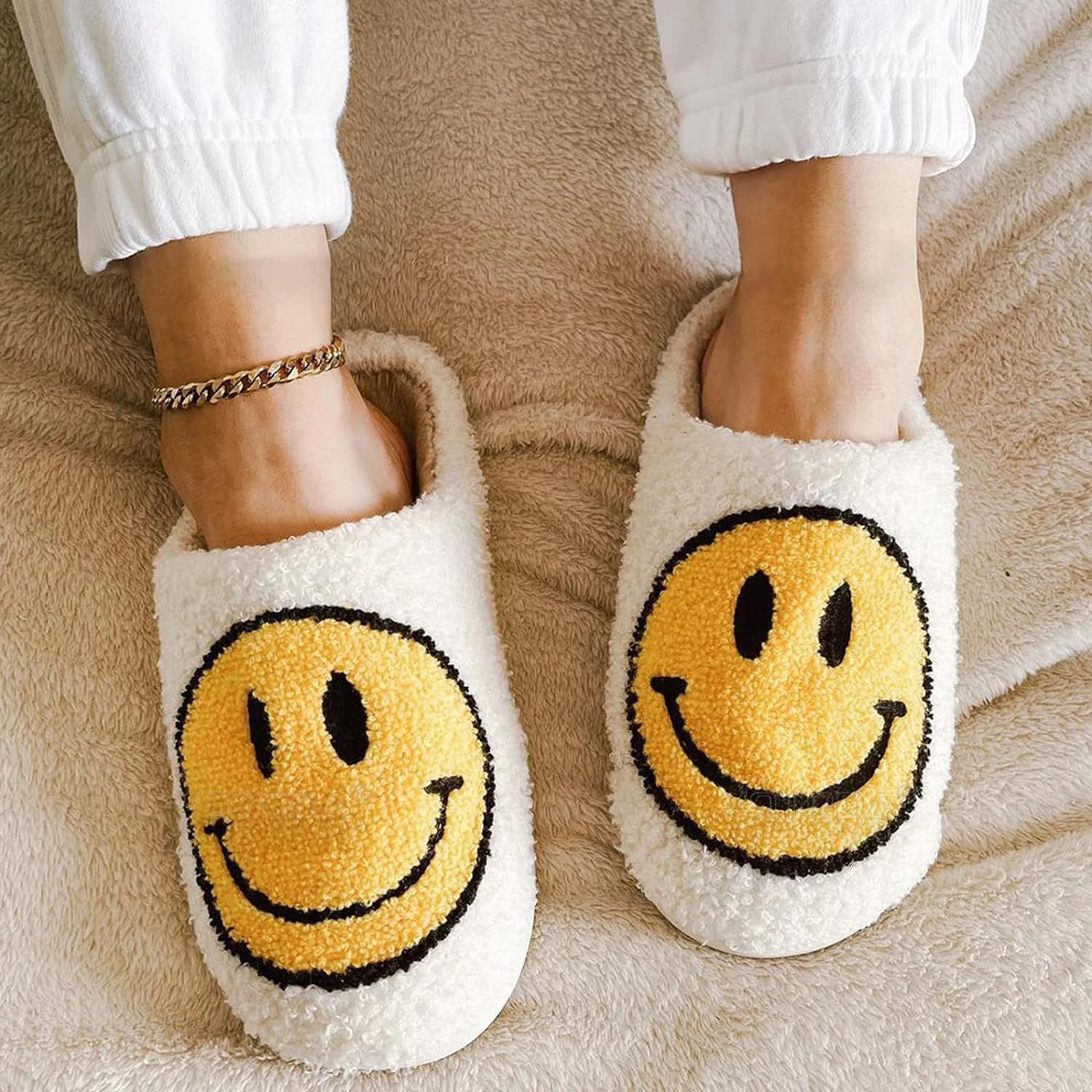 Retro smiley face soft plush comfy warm slip-on slippers | Amazon (US)