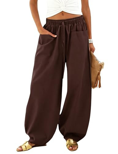 Himosyber Womens Baggy Wide Leg Pants Casual Loose Palazzo Harem Pants High Elastic Waist Trousers with Pockets (Coffee-S) | Amazon (US)