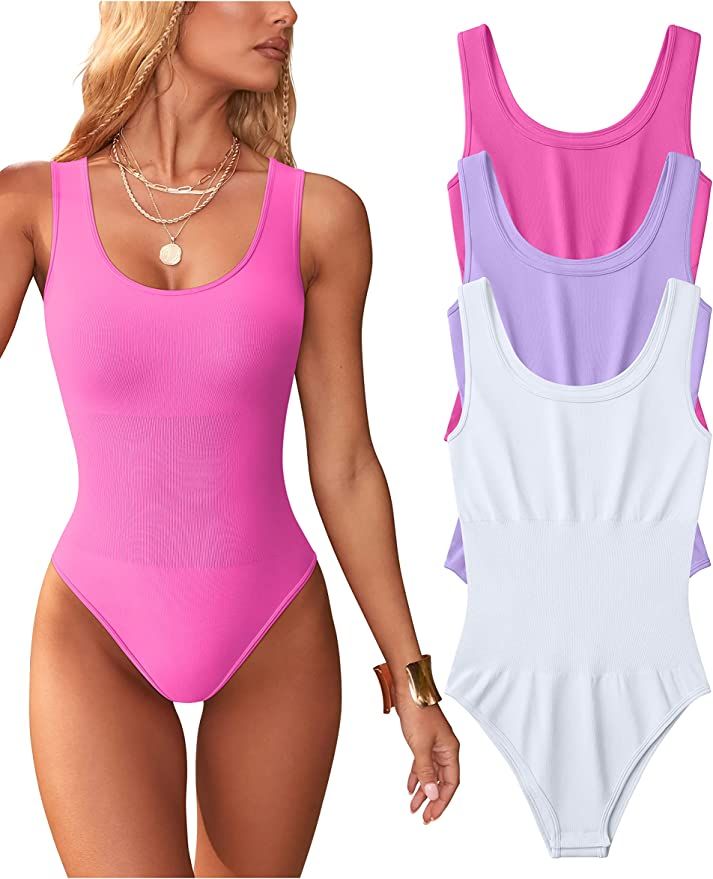 OQQ Women's 3 Piece Bodysuits Sexy Sleeveless Round Neck Shapewear Tank Tops Bodysuits | Amazon (US)